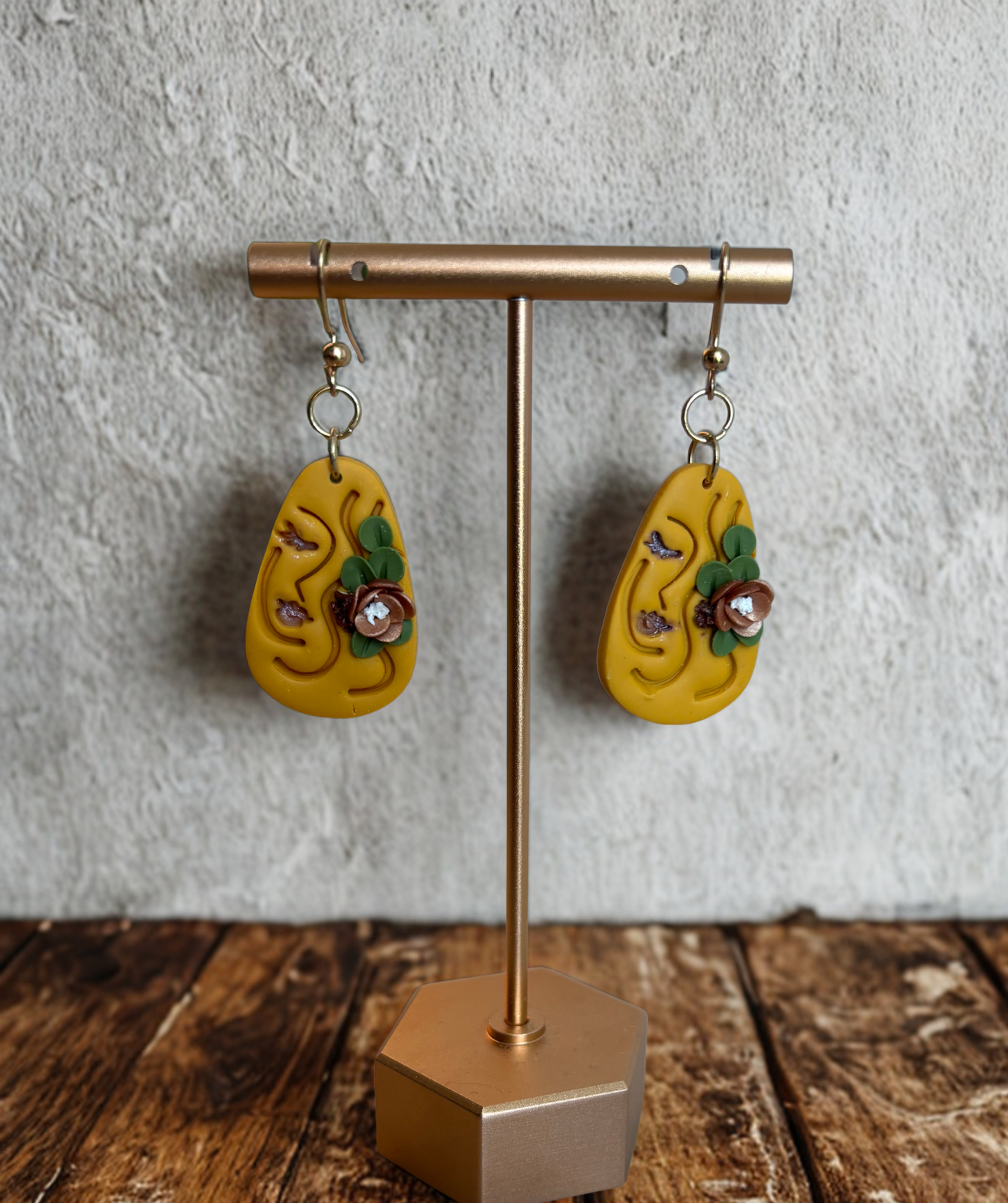 "Made to Bloom" – Abstract Floral Face Earrings in Mustard Clay