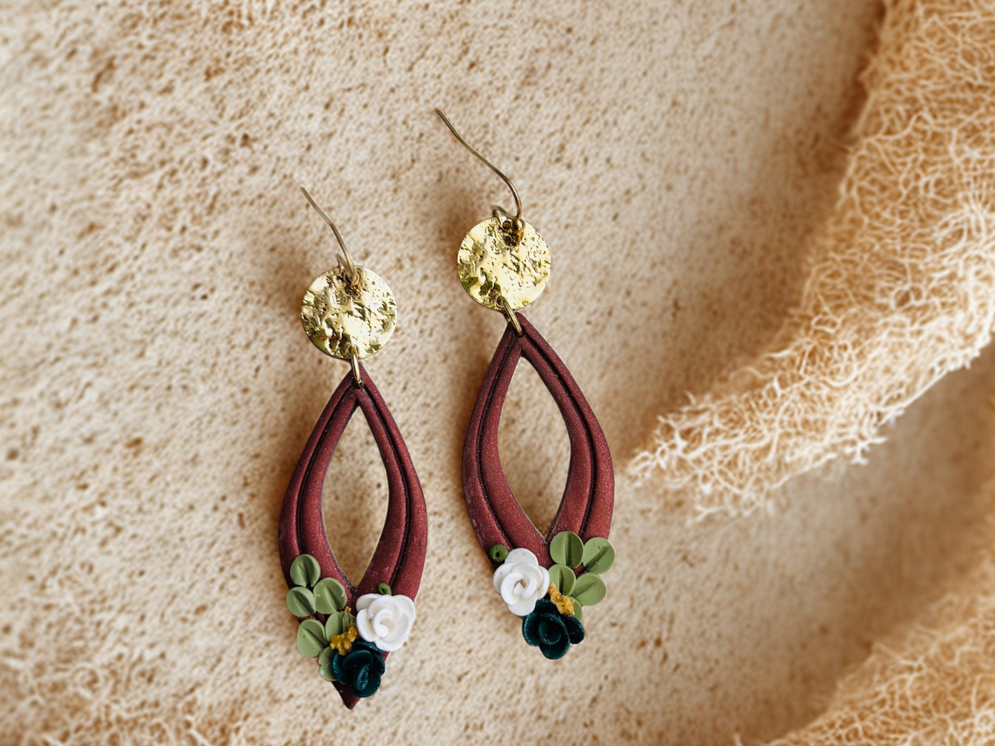 "Heaven’s Harvest" – Teardrop Clay Floral Earrings with Gold Accent