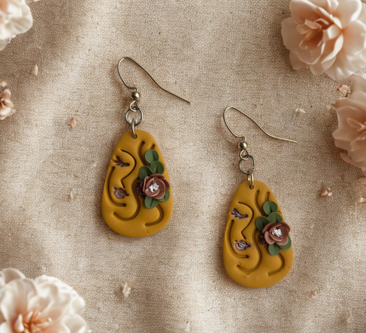 "Made to Bloom" – Abstract Floral Face Earrings in Mustard Clay