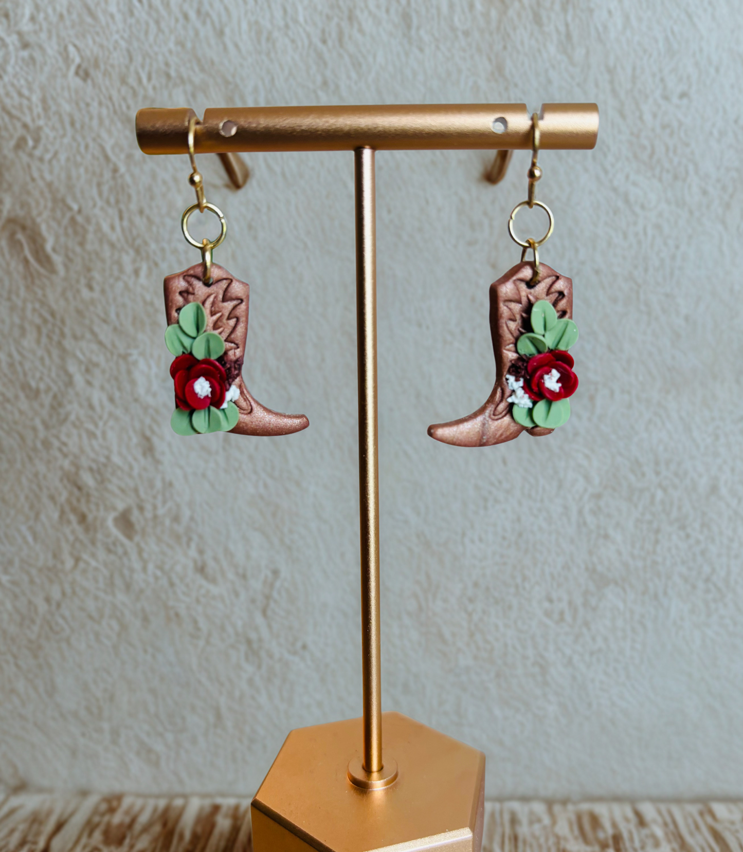 "Crimson Roots" – Cowgirl Boot Earrings with Red Florals