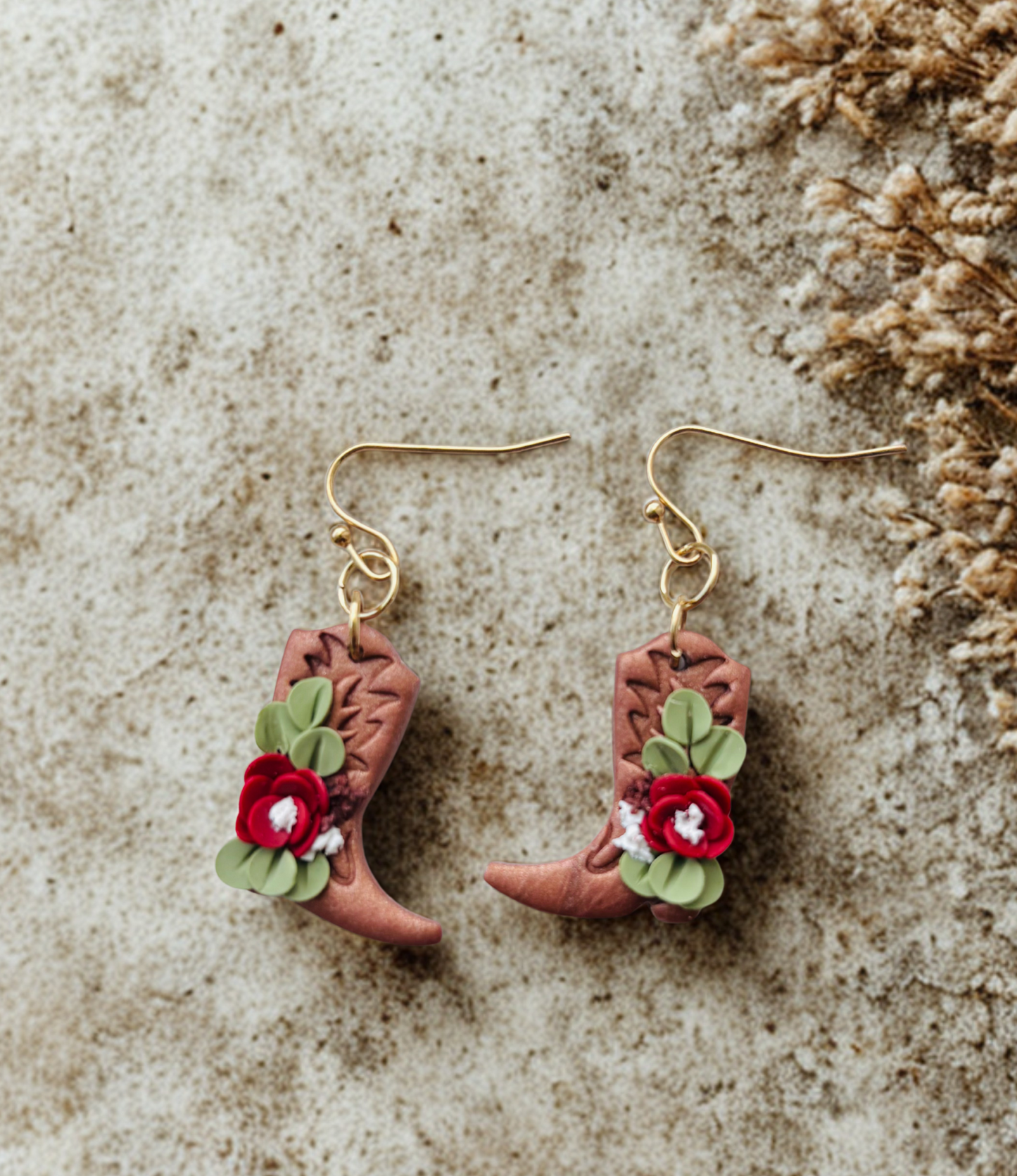"Crimson Roots" – Cowgirl Boot Earrings with Red Florals