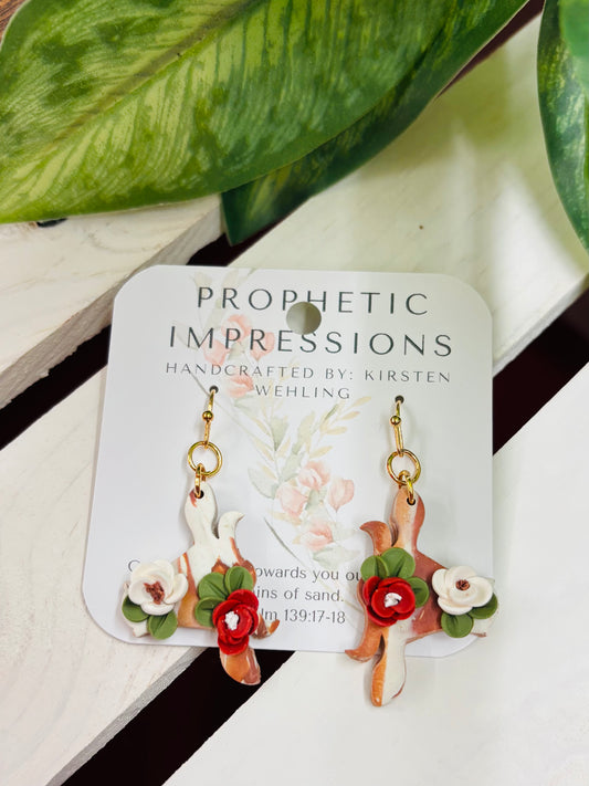 Crowned in Bloom – Floral Brown & White Cow Earrings