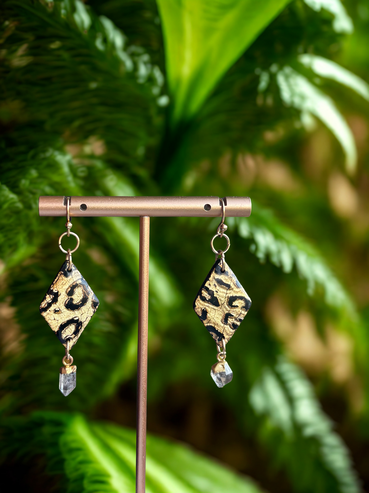 "Wild Ember" Earrings – Handmade Cheetah Print Polymer Clay Dangles with Bold Gold Accents