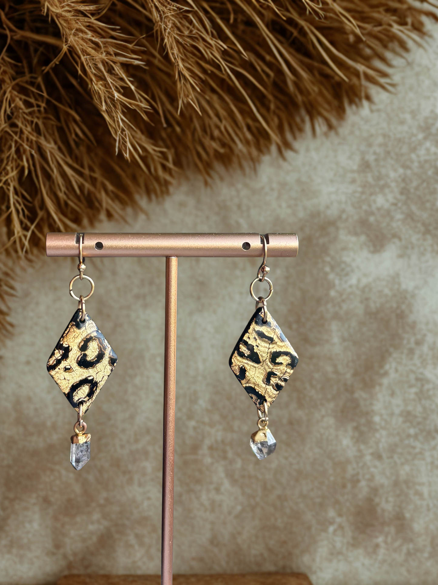 "Wild Ember" Earrings – Handmade Cheetah Print Polymer Clay Dangles with Bold Gold Accents