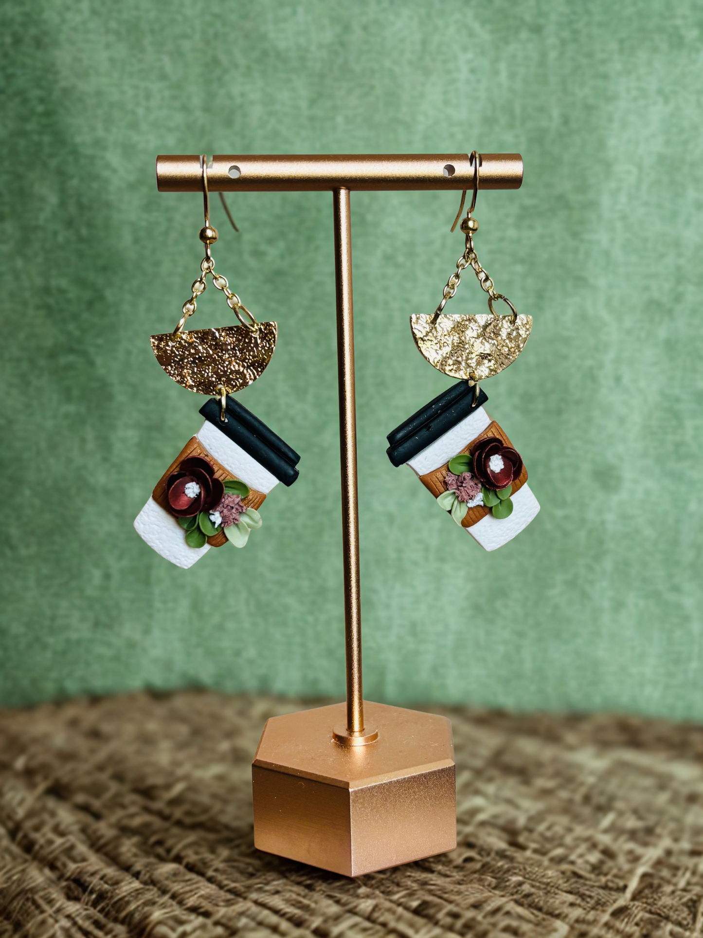 Handmade polymer clay coffee cup earrings with floral top and gold accents