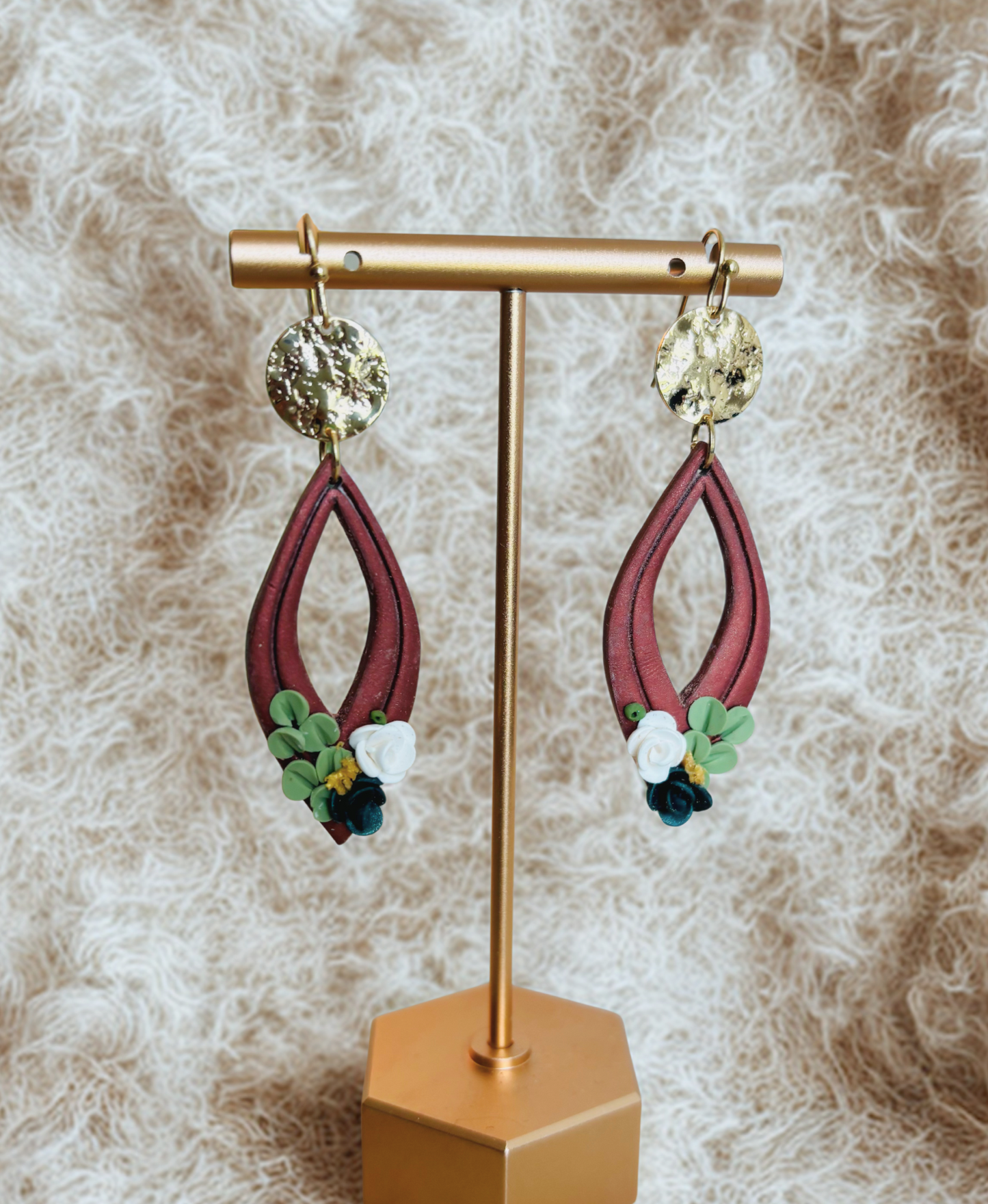 "Heaven’s Harvest" – Teardrop Clay Floral Earrings with Gold Accent